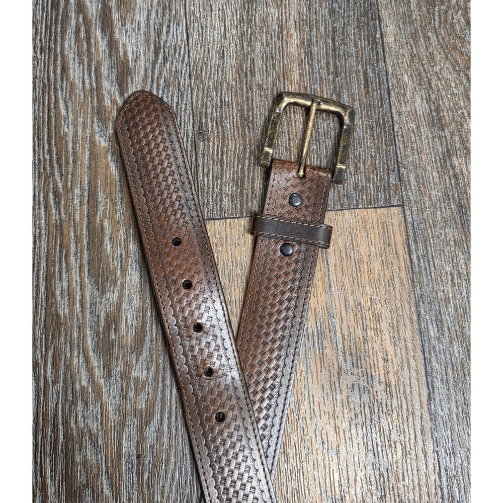 Mens Basketweave Embossed Brown Leather Western Belt Antique Brass Buckle 40
